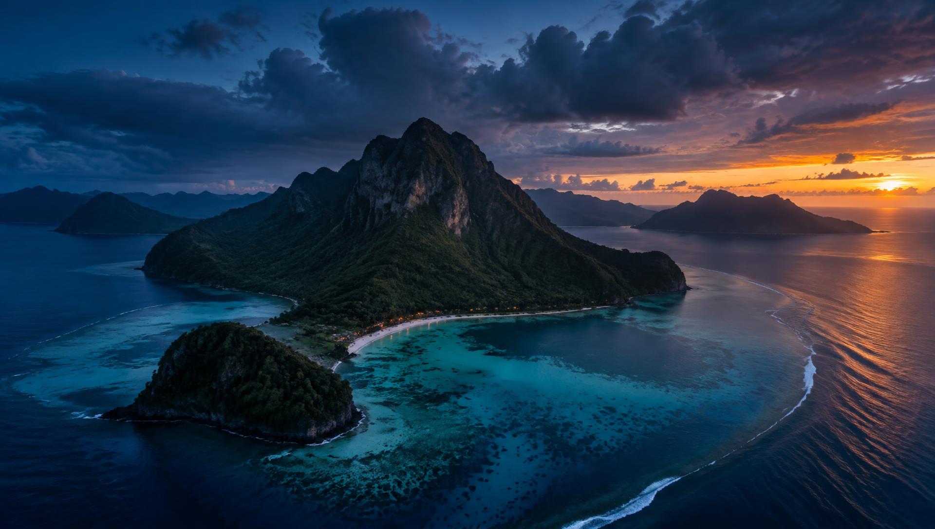 Isla mística vista desde el aire al atardecer, con mar turquesa